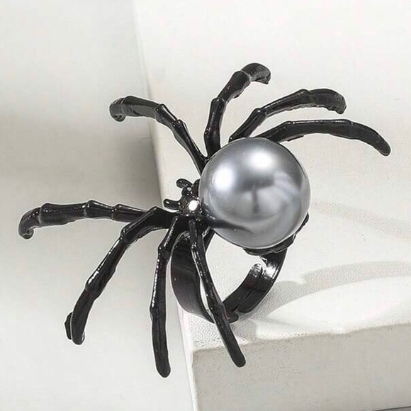Black Spider Ring with Silver Pearl - Picture 2 of 2